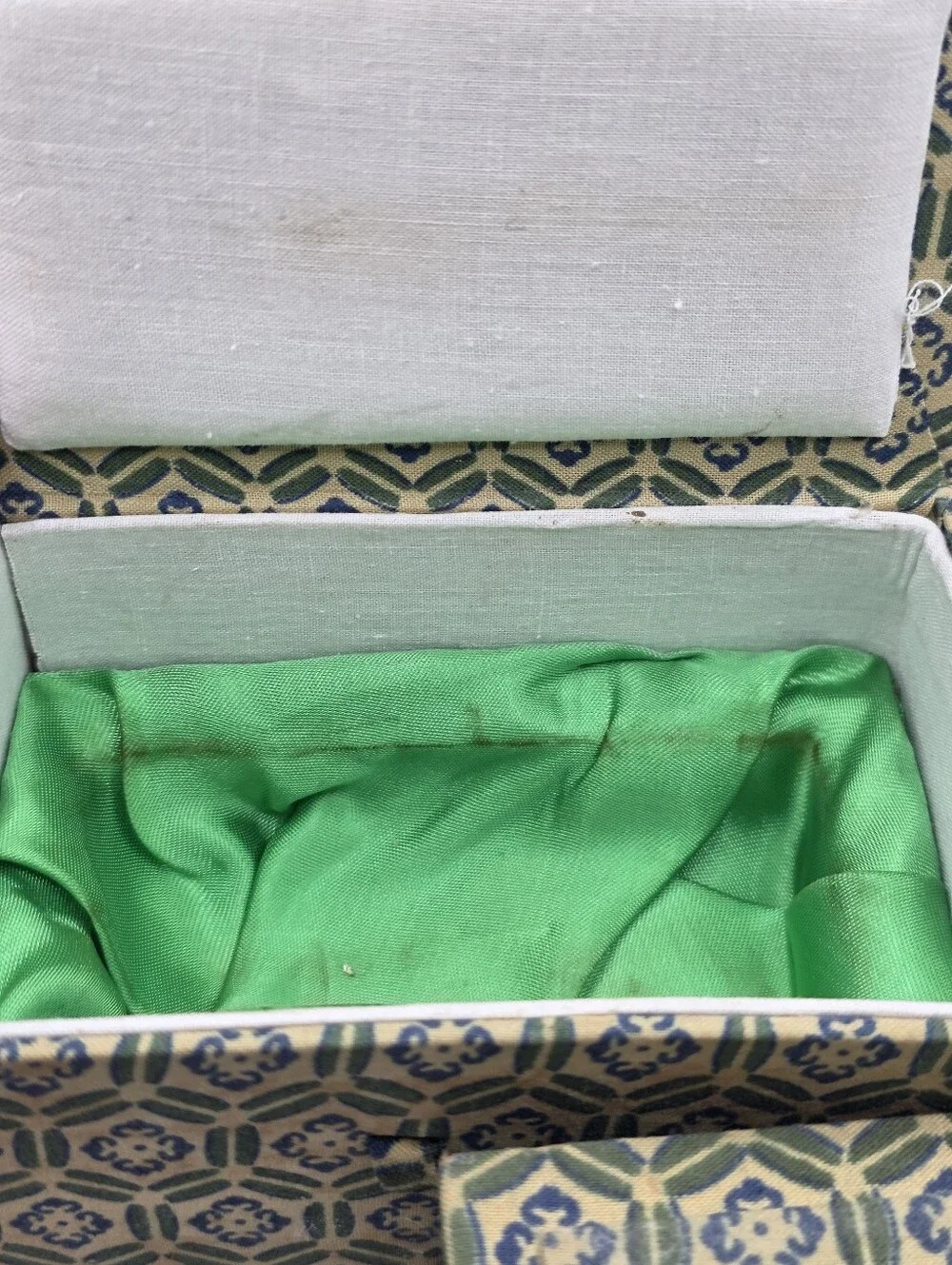 Set of 3 Vintage 1970s Chinese Silk Brocade Keepsake Boxes Green Lining Bone